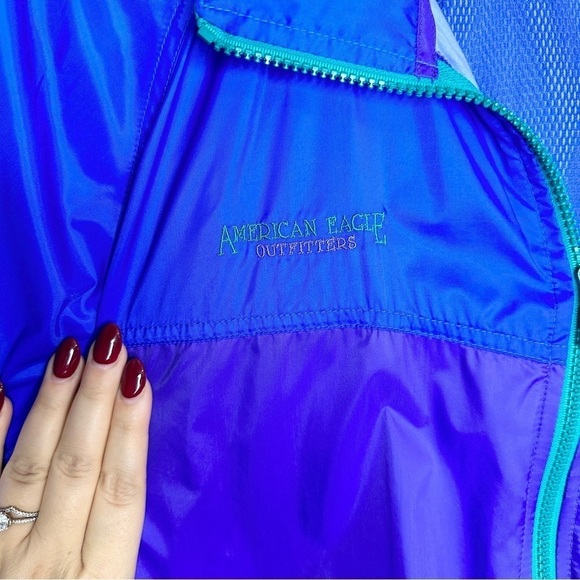 VINTAGE American Eagle 80s Zip Up Windbreaker Packable Hood Lightweight Mens XL - Picture 4 of 13